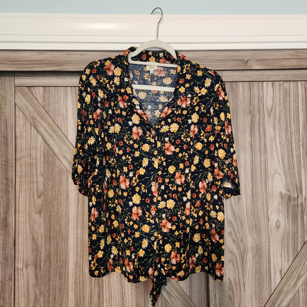 NAIF Navy Floral Blouse with Orange and Yellow Accents